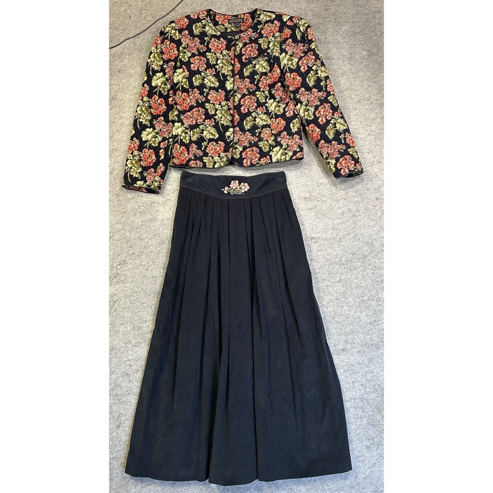 Herman Geist Navy Floral Skirt Set Quilted Jacket Midi Skirt Vintage Size 10